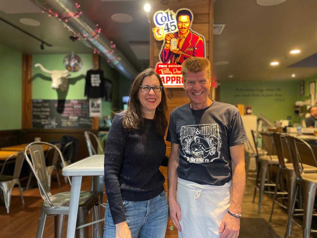 Lohud Food & Dining Reporter Jeanne Muchnick, left, with Run & Hide Brewing Co. Owner Tim Shanley. Photographed April 2024