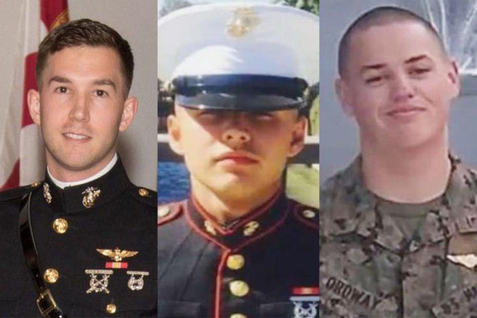 (L-R) First Lieutenant Benjamin Cross, 26,  Private Ruben Velasco, 19 and Corporal Nathaniel Ordway, 21, died in the fatal crash (US Marine Corps)