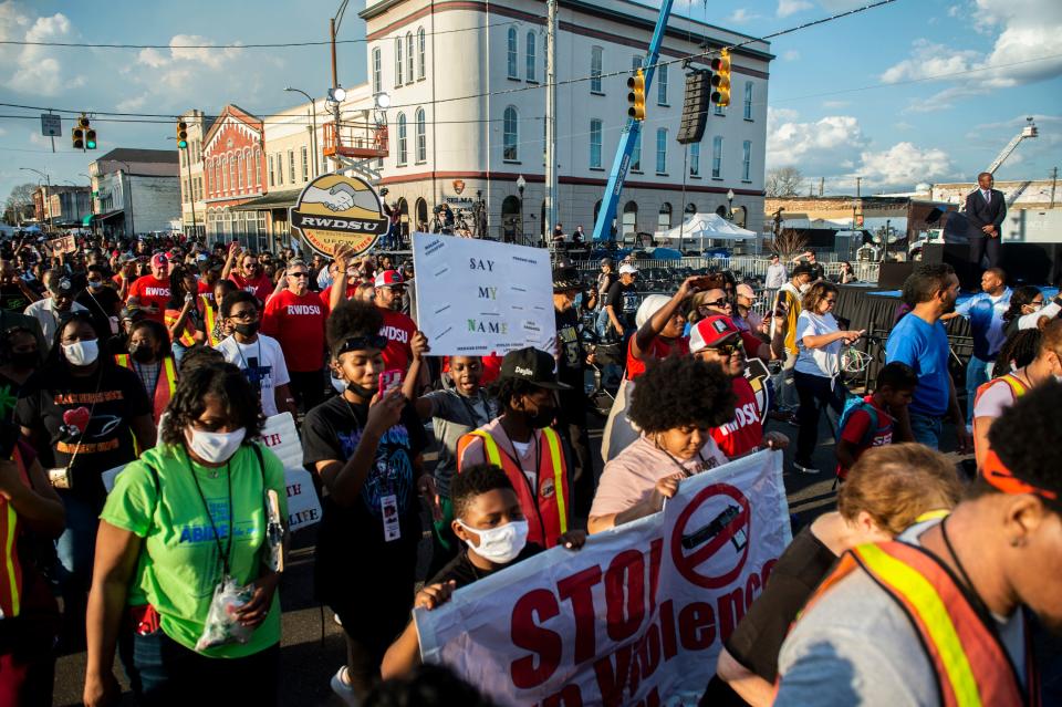 Marchers walk to the bridge on the 57th anniversary of Bloody Sunday during the Selma Jubilee at the Edmund Pettus Bridge in Selma, Ala., on Sunday, March 5, 2022.