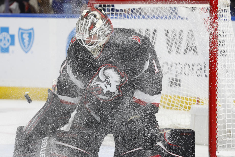 Buffalo Sabres goaltender Ukko-Pekka Luukkonen makes a save against the Minnesota Wild during the second period of an NHL hockey game Saturday, Jan. 7, 2023, in Buffalo, N.Y. (AP Photo/Jeffrey T. Barnes)