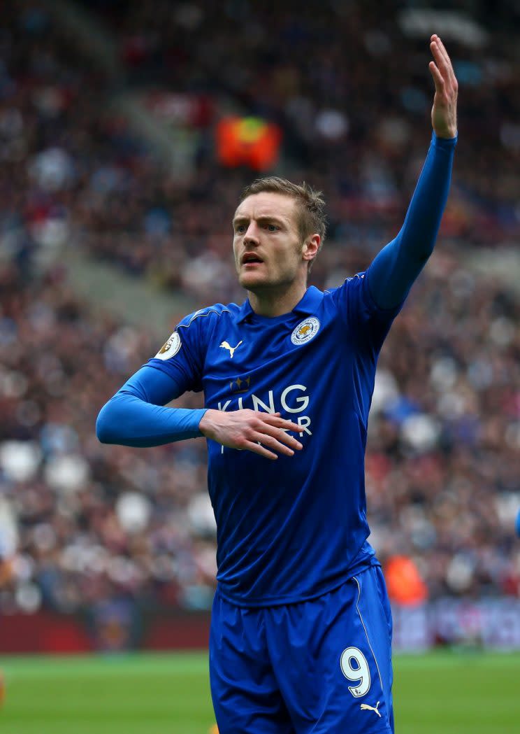 Jamie Vardy celebrates having scored Leicester's third at West Ham