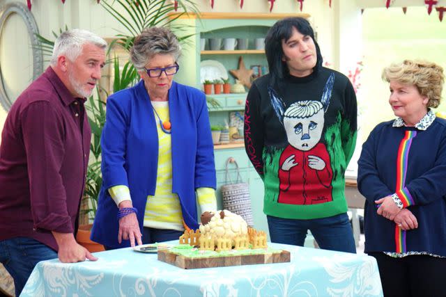 Netflix From left: Paul Hollywood, Prue Leith, Noel Fielding, and Sandi Toksvig on ‘The Great British Baking Show’