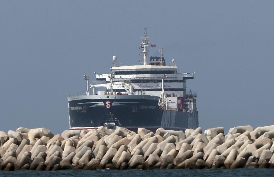 The British-flagged oil tanker Stena Impero is seen outside Port Rashid in Dubai, United Arab Emirates, Saturday, Sept. 28, 2019. On Friday, Iran released the Stena Impero which it had seized in July as it passed through the Strait of Hormuz, the narrow mouth of the Persian Gulf through which 20% of all oil passes. The ship set sail from Iran Friday morning, arriving at an anchorage outside Dubai's Port Rashid in the United Arab Emirates just before midnight. (AP Photo/Kamran Jebreili)