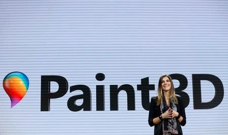 Megan Saunders, Microsoft general manager of HoloLens and other emergent technologies announces Microsoft's "Paint 3D" at a live Microsoft event in the Manhattan borough of New York City, October 26, 2016. REUTERS/Lucas Jackson