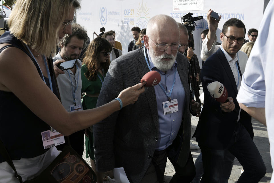 Frans Timmermans, executive vice president of the European Commission, speaks with members of the media at the COP27 U.N. Climate Summit, Tuesday, Nov. 15, 2022, in Sharm el-Sheikh, Egypt. (AP Photo/Nariman El-Mofty)
