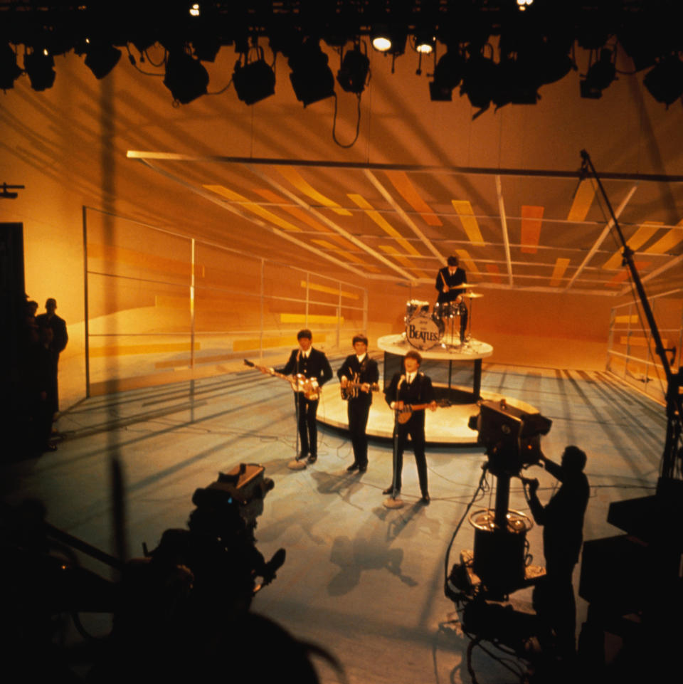 The Beatles performing in their U.S. TV debut on ‘The Ed Sullivan Show’ from CBS’ studios in Manhattan