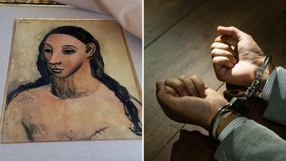 Pictured: Picasso painting, 'Head of a Young Woman', hands in hand cuffs. Images: Getty