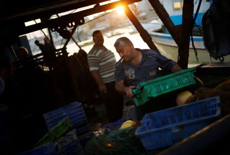 A Palestinian fisherman carries a box containing fish at the seaport of Gaza City September 26, 2016. REUTERS/Mohammed Salem