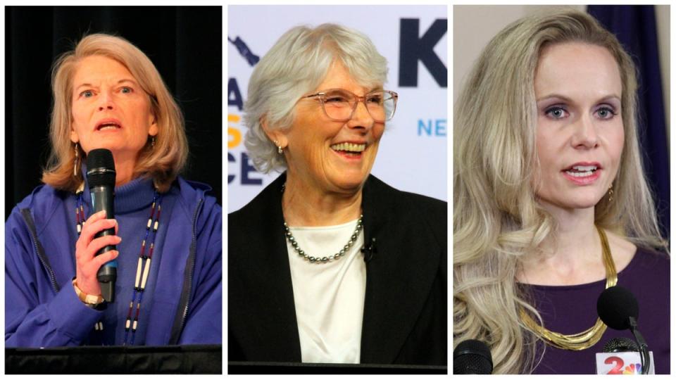 Alaska Senator Lisa Murkowski (left) is facing a challenge from Democrat Patricia Chesbro (centre) and fellow Republican Kelly Tshibaka (right) (AP)