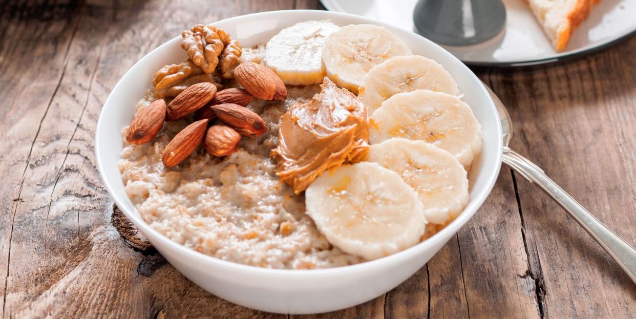 healthy breakfast with oatmeal and eggs