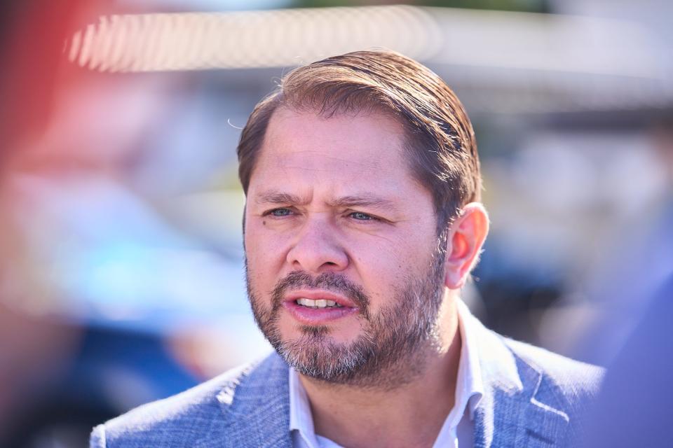 Rep. Ruben Gallego addresses the media at the Phoenix Vet Center on Nov. 10, 2022.