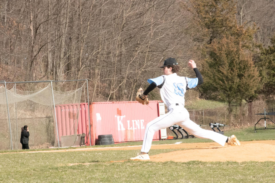 Mount Olive defeated Parsippany Hills, 7-0 in a NJAC-National baseball game in Parsippany on Monday April 4, 2022. Parsippany Hills pitcher Andrew Phelps was the Vikings starter.