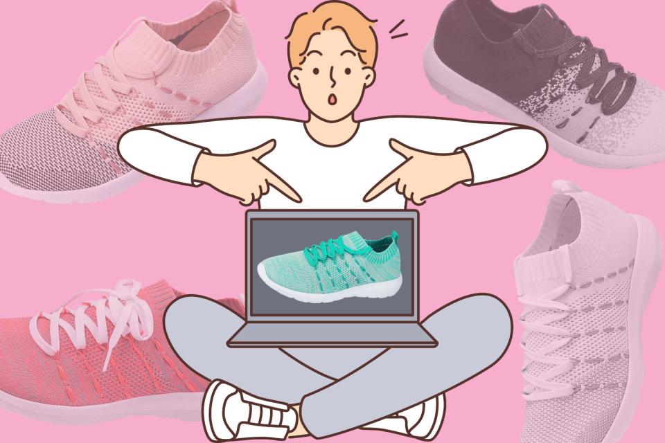 the Amazon sneakers on a page with a graphic of someone pointing to a laptop with the shoe on it