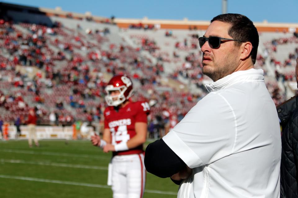 Oklahoma offensive coordinator Jeff Lebby is pictured before a college football game between the University of <a class="link " href="https://sports.yahoo.com/ncaaf/teams/oklahoma/" data-i13n="sec:content-canvas;subsec:anchor_text;elm:context_link" data-ylk="slk:Oklahoma Sooners;sec:content-canvas;subsec:anchor_text;elm:context_link;itc:0">Oklahoma Sooners</a> (OU) and the <a class="link " href="https://sports.yahoo.com/ncaaf/teams/tcu/" data-i13n="sec:content-canvas;subsec:anchor_text;elm:context_link" data-ylk="slk:TCU Horned Frogs;sec:content-canvas;subsec:anchor_text;elm:context_link;itc:0">TCU Horned Frogs</a> at Gaylord Family-Oklahoma Memorial Stadium in Norman, Okla., Friday, Nov. 24, 2023. Oklahoma won 69-45.