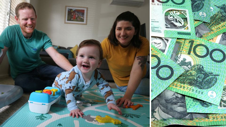 Australian couple with child and Australian money notes.