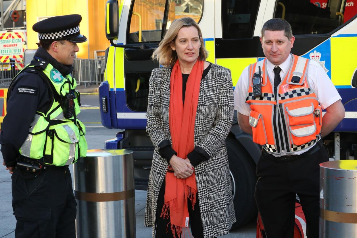 Home Secretary Amber Rudd visits a Police Knife search at Stratford Station: Alex Lentati