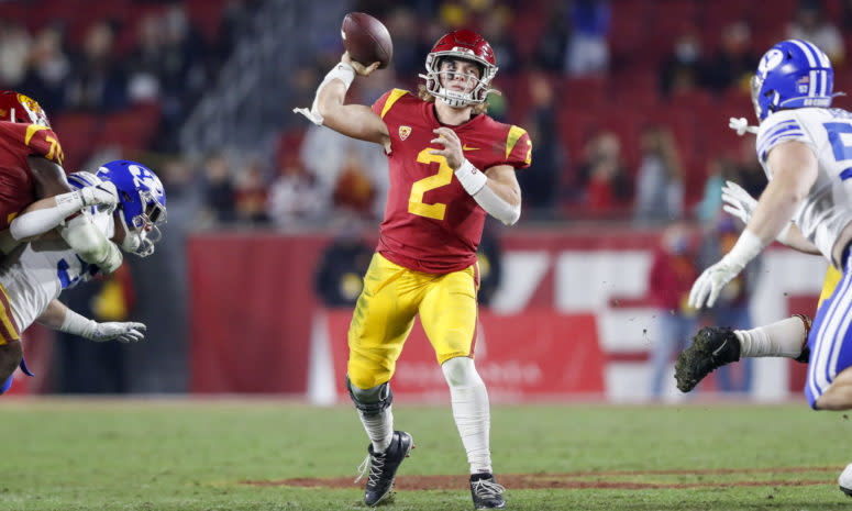 USC quarterback Jaxson Dart attempts a pass.