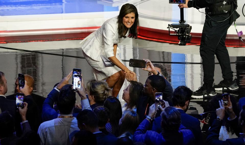 Former South Carolina Gov. Nikki Haley greets audience members after the conclusion of the Republican National Committee presidential primary debate hosted by NBC News at Adrienne Arsht Center for the Performing Arts of Miami-Dade County on Nov 8, 2023.