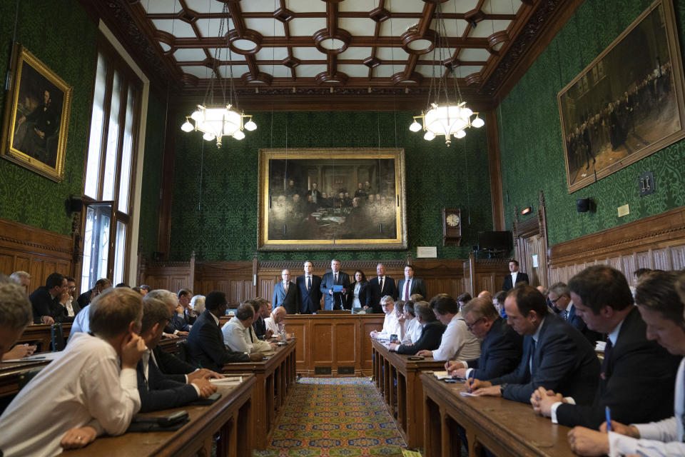 Sir Graham Brady, third left, chairman of the 1922 Committee, announces the results of the ballot giving the final two candidates for the Conservative Party leadership, in the Houses of Parliament, London, Wednesday July 20, 2022. Britain’s Conservative Party has chosen Rishi Sunak and Liz Truss as the two finalists in an election to replace Prime Minister Boris Johnson. The pair came first and second in a vote of Conservative lawmakers on Wednesday July 20, 2022. (Stefan Rousseau/PA via AP)