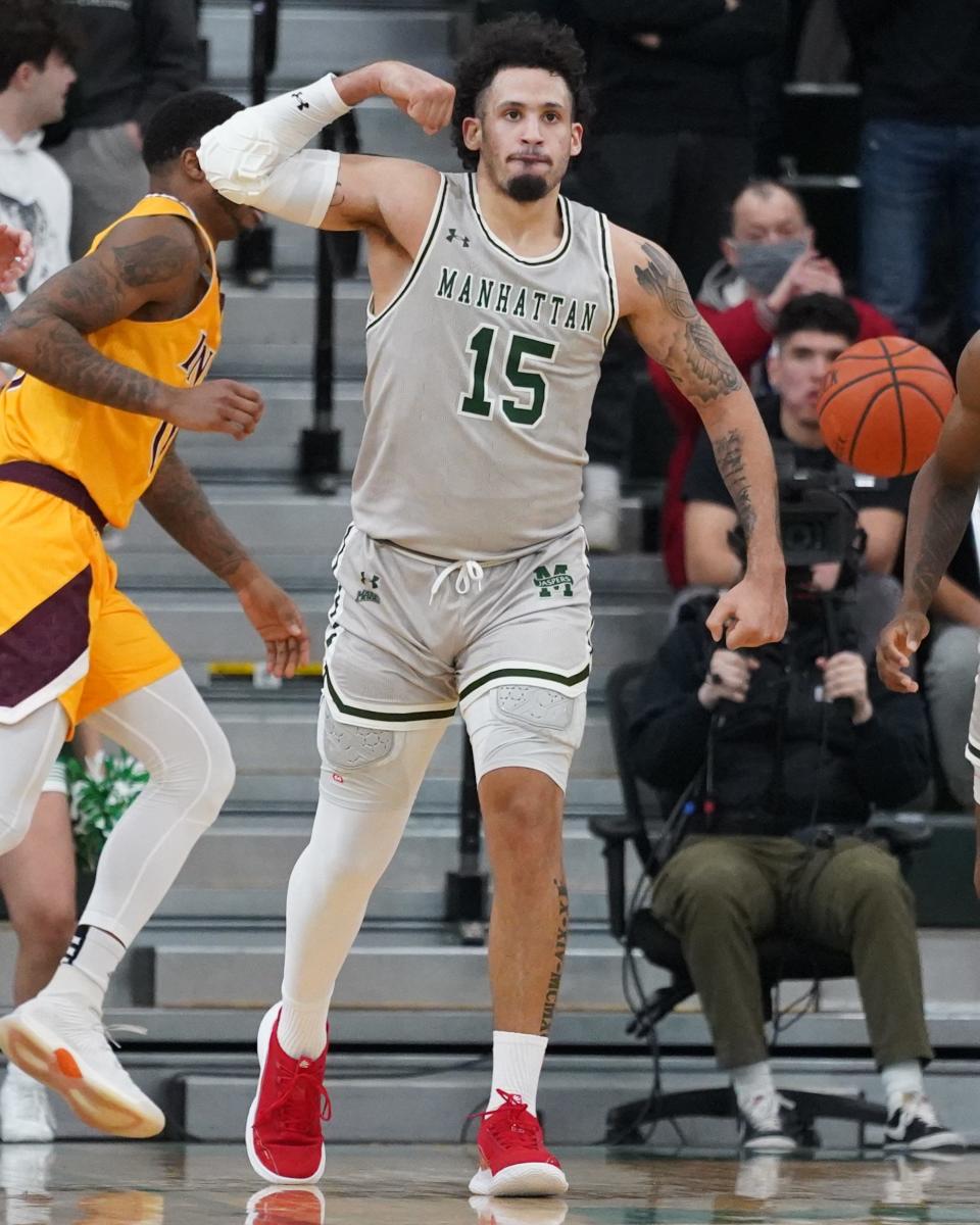 Manhattan's Jose Perez celebrates after scoring a basket. He had a game-high 27 points in the Jaspers' 74-72 win over Iona at Draddy Gymnasium on Mar. 3, 2022.