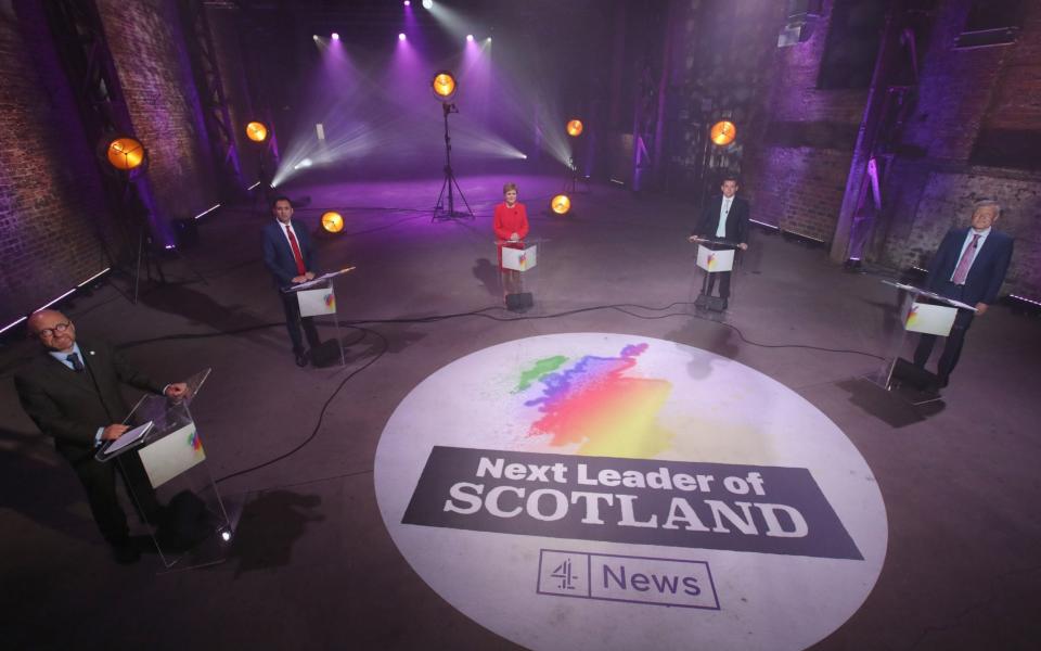 Scottish Green Party co-leader Patrick Harvie, Scottish Labour leader Anas Sarwar, First Minister and leader of the Scottish National Party Nicola Sturgeon, Scottish Conservative party leader Douglas Ross and Scottish Liberal Democrat Leader Willie Rennie, take part in Channel 4 News election debate in Glasgow - Andrew Milligan/PA