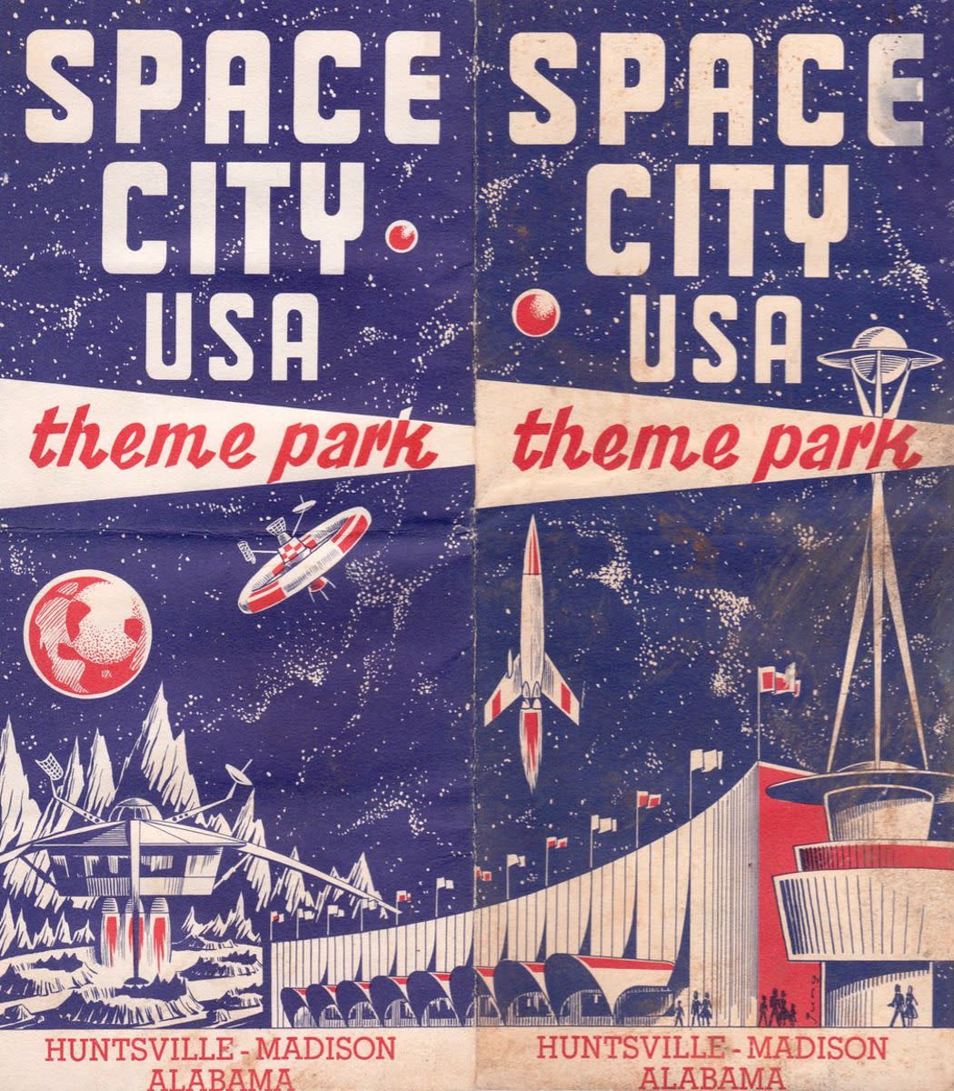 Vintage pamphlet of Space City USA, Huntsville, Alabama, folded seamed in the middle, blue, red, and white coloring, 1960s