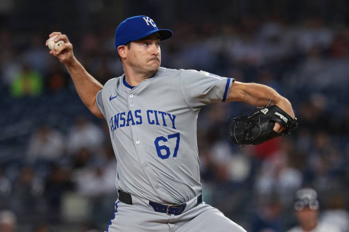 Kansas City Royals starting pitcher Seth Lugo (67) delivers a pitch in the first inning against the New York Yankees at Yankee Stadium on Sept. 10, 2024.