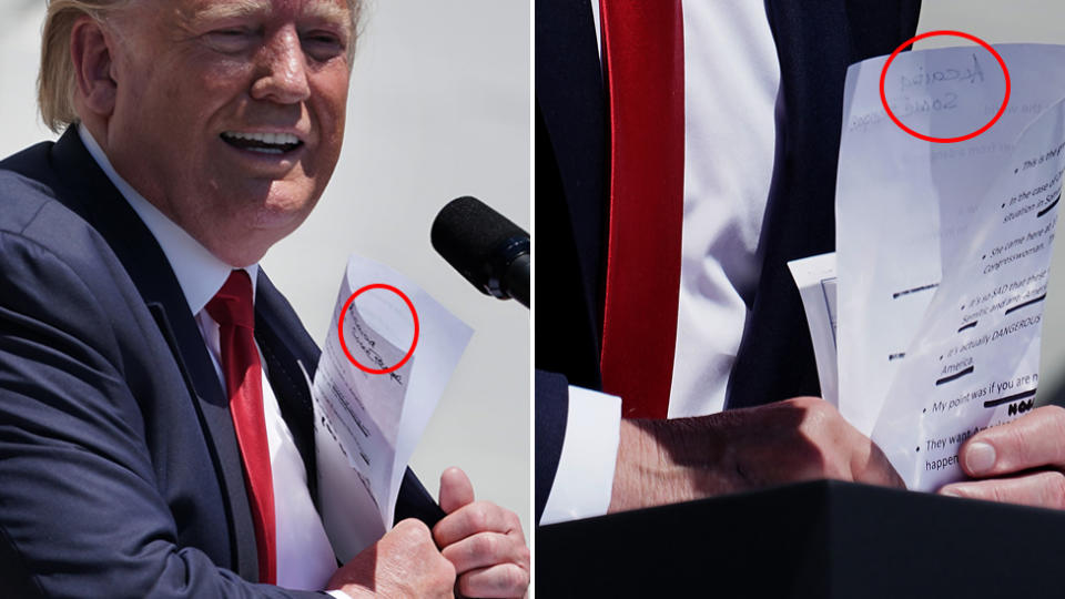 Donald Trump tucking a speech into his suit jacket. A note on the speech reads: "Alcaida", which is presumably a reference to al-Qaeda.