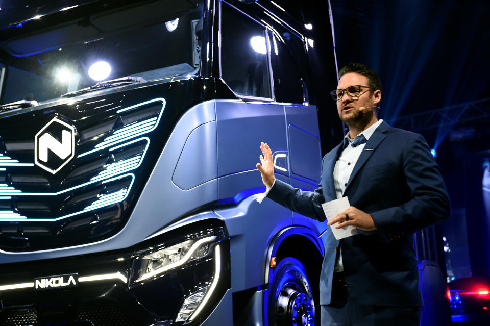 CEO and founder of U.S. Nikola Trevor Milton speaks during presentation of its new full-electric and hydrogen fuel-cell battery trucks in partnership with CNH Industrial, at an event in Turin, Italy, December 2, 2019. REUTERS/Massimo Pinca