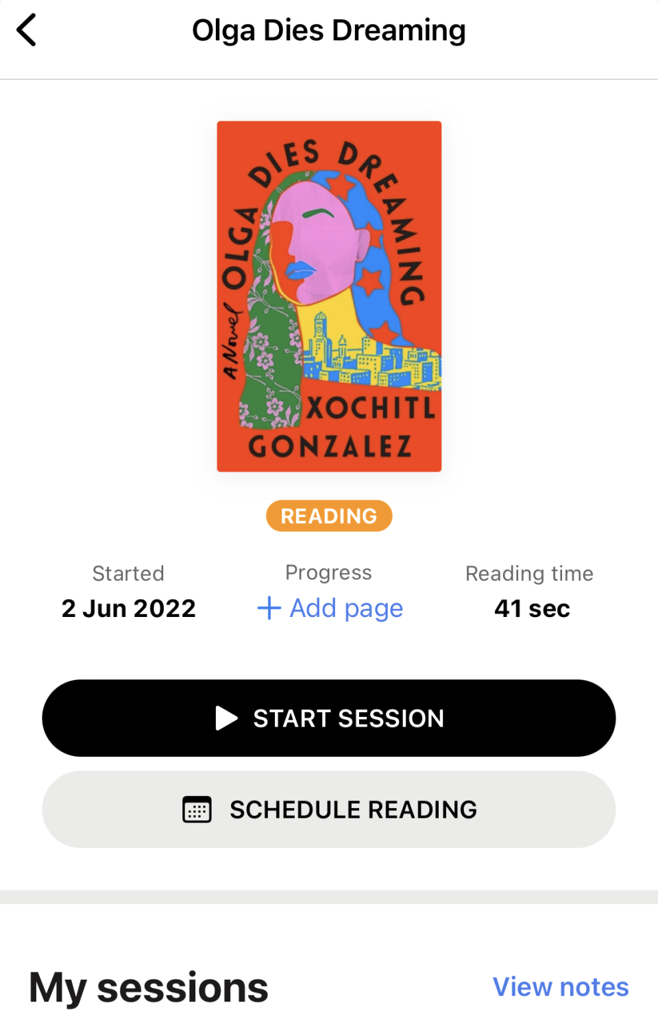 a "my sessions" page with a book downloaded to log in time and pages read