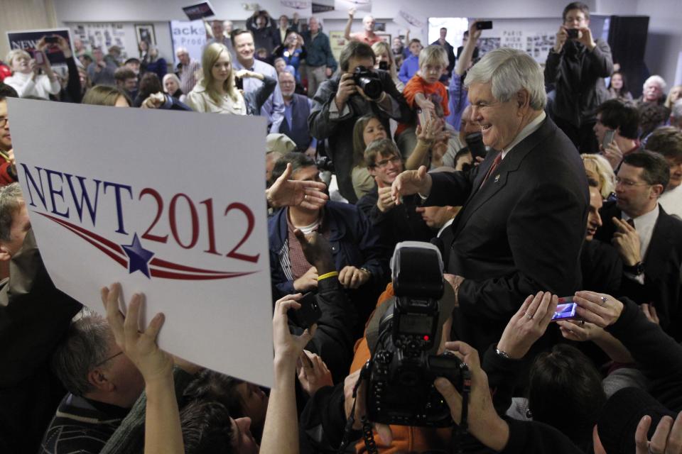 FILE-In this Saturday, Jan. 21, 2012 file photo, Republican presidential candidate, former House Speaker Newt Gingrich, right, campaigns at Tommy's Country Ham House, in Greenville, S.C., on South Carolina's Republican primary election day. Owner Tommy Stevenson announced Sunday that Tommy's Country Ham House would close this spring.(AP Photo/Matt Rourke, File)