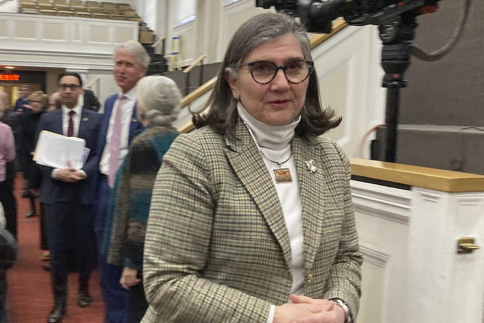 FILE - Appeals Court Associate Justice Gabrielle R. Wolohojian takes a break as she testifies before the Governor's Council on her nomination to the state's highest court at the State House, Wednesday, Feb. 21, 2024, in Boston. A Massachusetts panel charged with reviewing judicial appointments voted Wednesday, Feb. 28, to approve the nomination of Appeals Court Associate Justice Wolohojian, a former romantic partner of Massachusetts Gov. Maura Healey, to the state's highest court. (AP Photo/Steve LeBlanc, File)