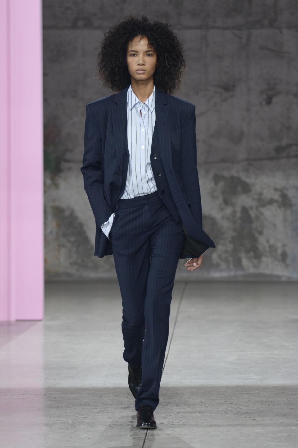 Tibi Pinstriped Navy Suit And Striped Blouse