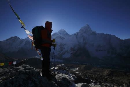 A trekker stands in front of Mount Everest, which is 8,850 meters high (C), at Kala Patthar in Solukhumbu District May 7, 2014. REUTERS/Navesh Chitrakar