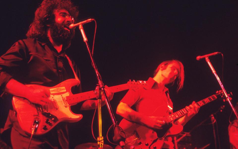 Jerry Garcia and Bob Weir on stage at Wembley Empire Pool, London, on April 7 1972