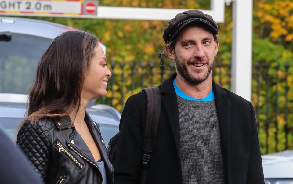 Seann Walsh and his professional dance partner Katya Jones leave rehearsals carrying two guitars  Featuring: Seann Walsh, Katya Jones Where: London, United Kingdom When: 17 Oct 2018 Credit: WENN.com