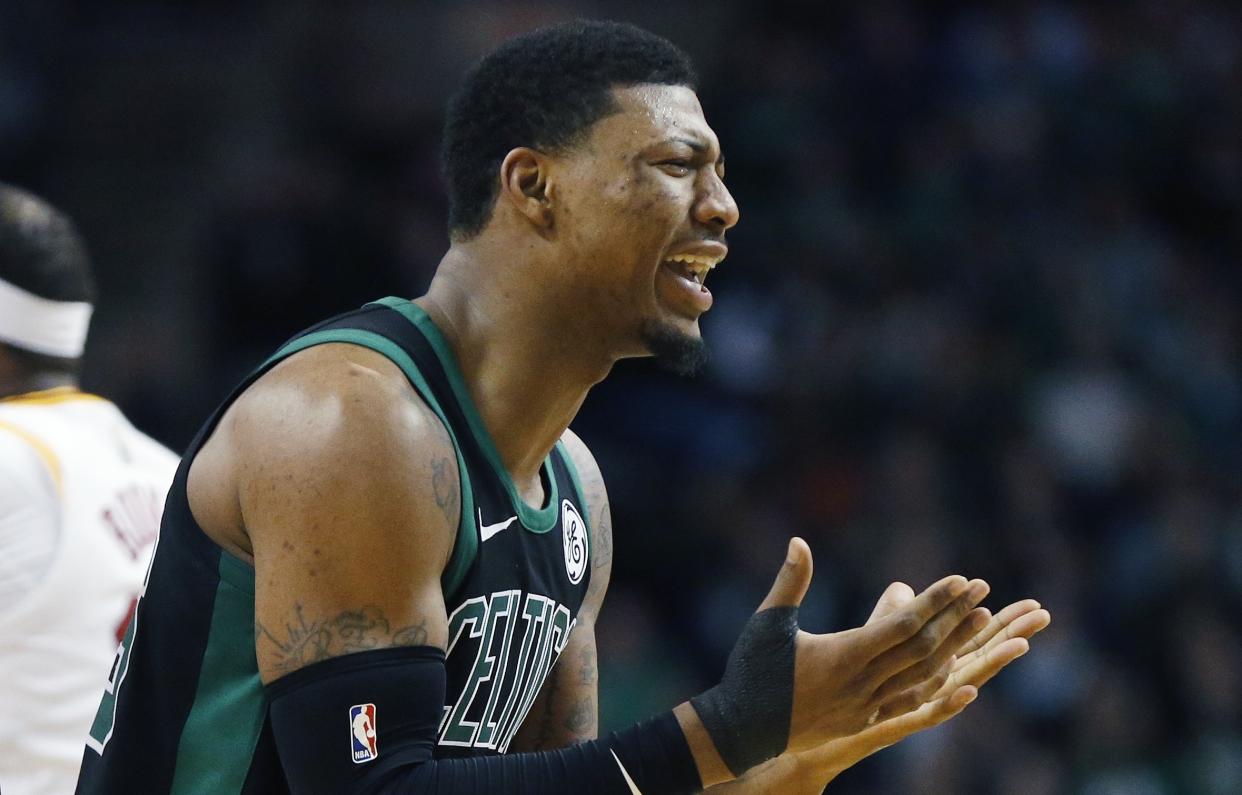 Marcus Smart tore a tendon in his right thumb in Sunday’s loss to the Pacers. (AP)