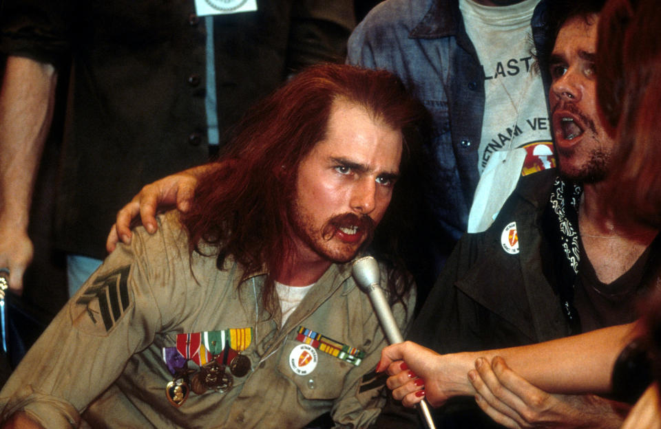Tom Cruise speaking out for the military veterans in a scene from the film 'Born On The Fourth Of July', 1989. (Photo by Universal Pictures/Getty Images)