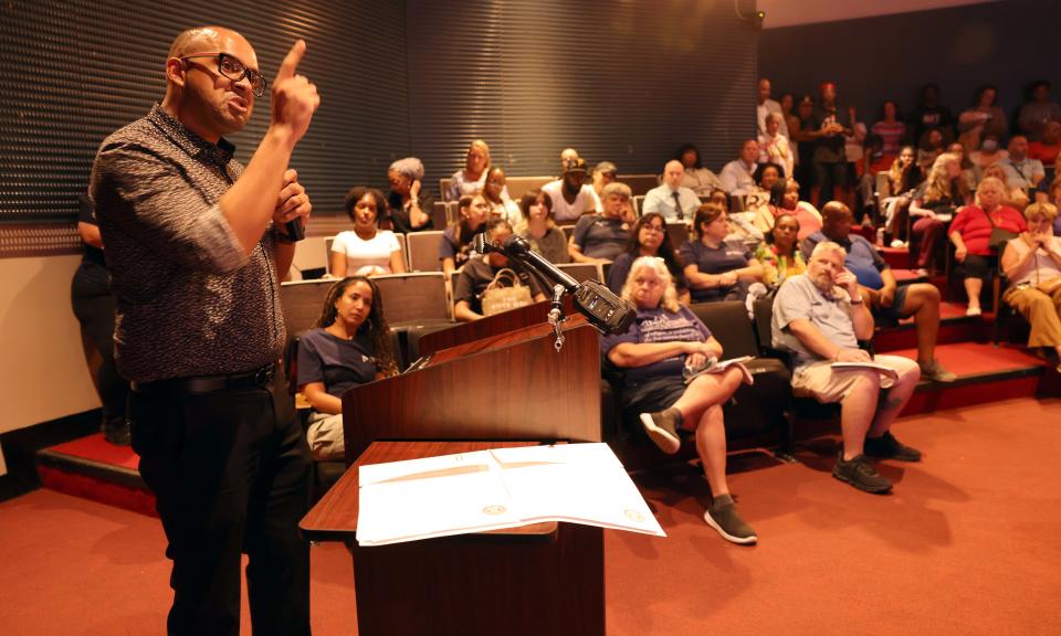 Luis Fontes of Brockton speaks at a Brockton School Committee meeting at Brockton High School on Wednesday evening, Sept. 6, 2023 regarding a $14.4 million deficit recently discovered in last year's school budget.