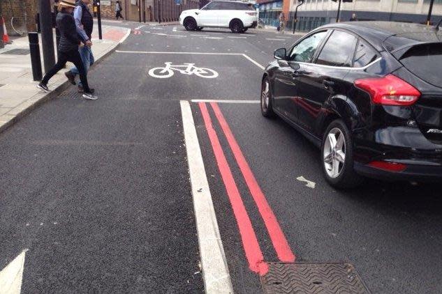 White line that caused the cycling accident on the cycle super highway in Farringdon Road. (John Dunne)