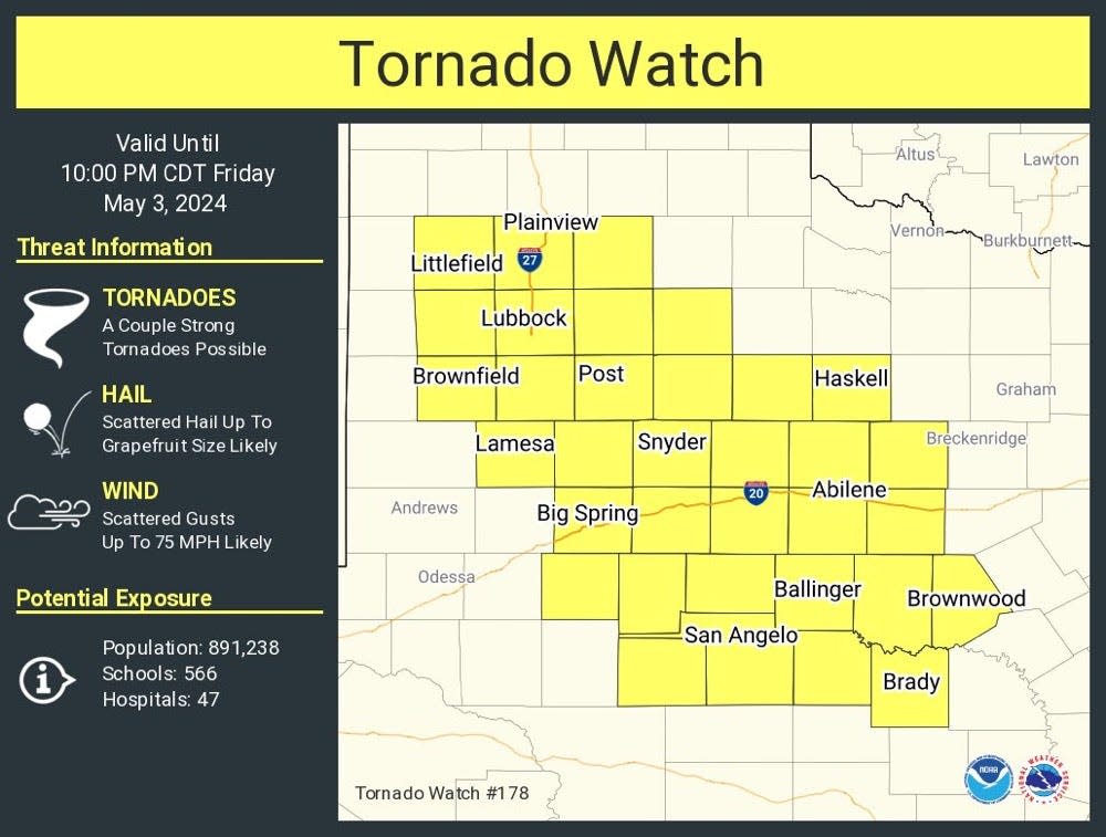 A Tornado Watch graphic shows multiple Texas counties could be impacted by tornadoes, hail and high winds.