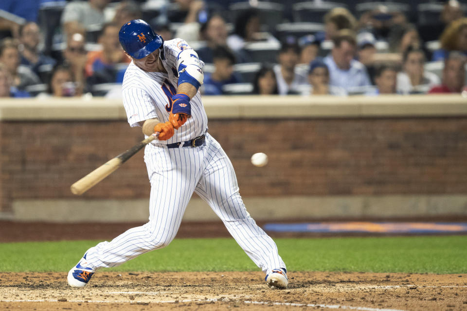 New York Mets' Pete Alonso hits a two run double during the seventh inning of a baseball game against the Cleveland Indians, Tuesday, Aug. 20, 2019, in New York. (AP Photo/Mary Altaffer)