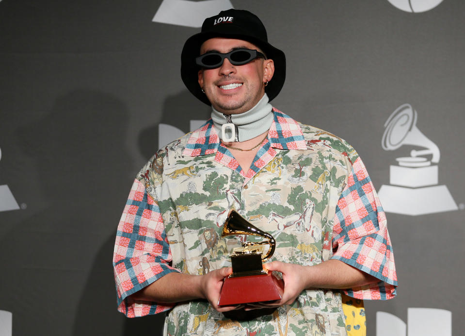 The 20th Annual Latin Grammy Awards – Photo Room– Las Vegas, Nevada, U.S., November 14, 2019 – Bad Bunny poses backstage with his Best Urban Music Album award for "X 100pre".