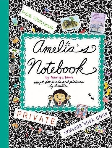 Cover of Amelia's Notebook by Marissa Moss, a faux-marble composition book featuring a drawing of a young girl sticking her tongue out