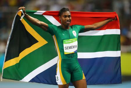 2016 Rio Olympics - Athletics - Final - Women's 800m Final - Olympic Stadium - Rio de Janeiro, Brazil- 20/08/2016. Caster Semenya (RSA) of South Africa celebrates after winning the race REUTERS/Ivan Alvarado