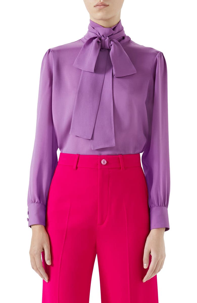 GUCCI Silk Tie Neck Blouse, Main, color, PALE VIOLET ORCHID