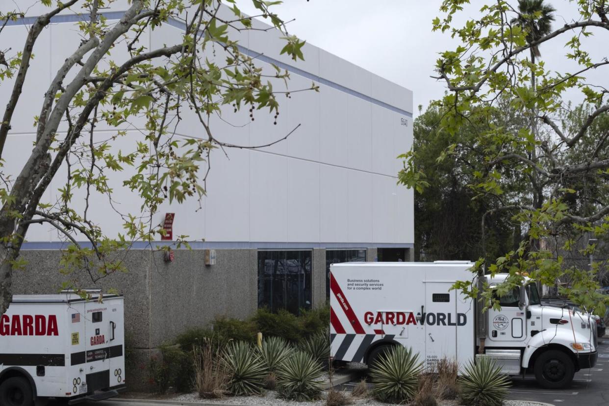 Armored trucks at the GardaWorld facility in Sylmar.