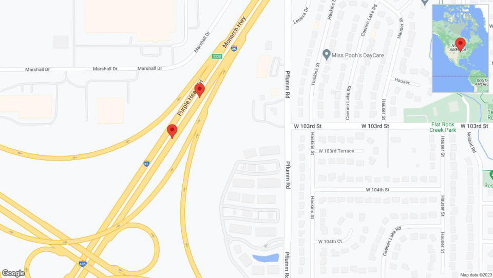 A detailed map that shows the affected road due to 'Broken down vehicle on eastbound I-35 in Lenexa' on December 27th at 9:18 p.m.