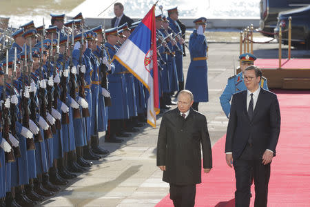 Russian President Vladimir Putin and Serbian President Aleksandar Vucic attend an official welcome ceremony in Belgrade, Serbia January 17, 2019. Maxim Shipenkov/Pool via REUTERS