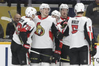 Ottawa Senators center Filip Chlapik, of the Czech Republic, second from left, is congratulated after scoring a goal against the Nashville Predators in the first period of an NHL hockey game Tuesday, Feb. 25, 2020, in Nashville, Tenn. (AP Photo/Mark Humphrey)